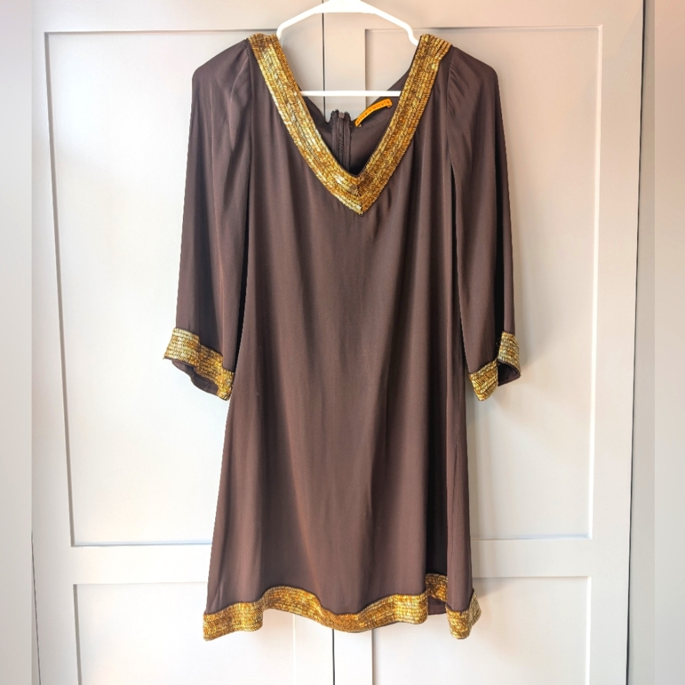 Alice + Olivia Chocolate Dress with Gold Trim